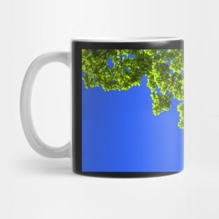 Green oak leafs and branches against blue background Mug